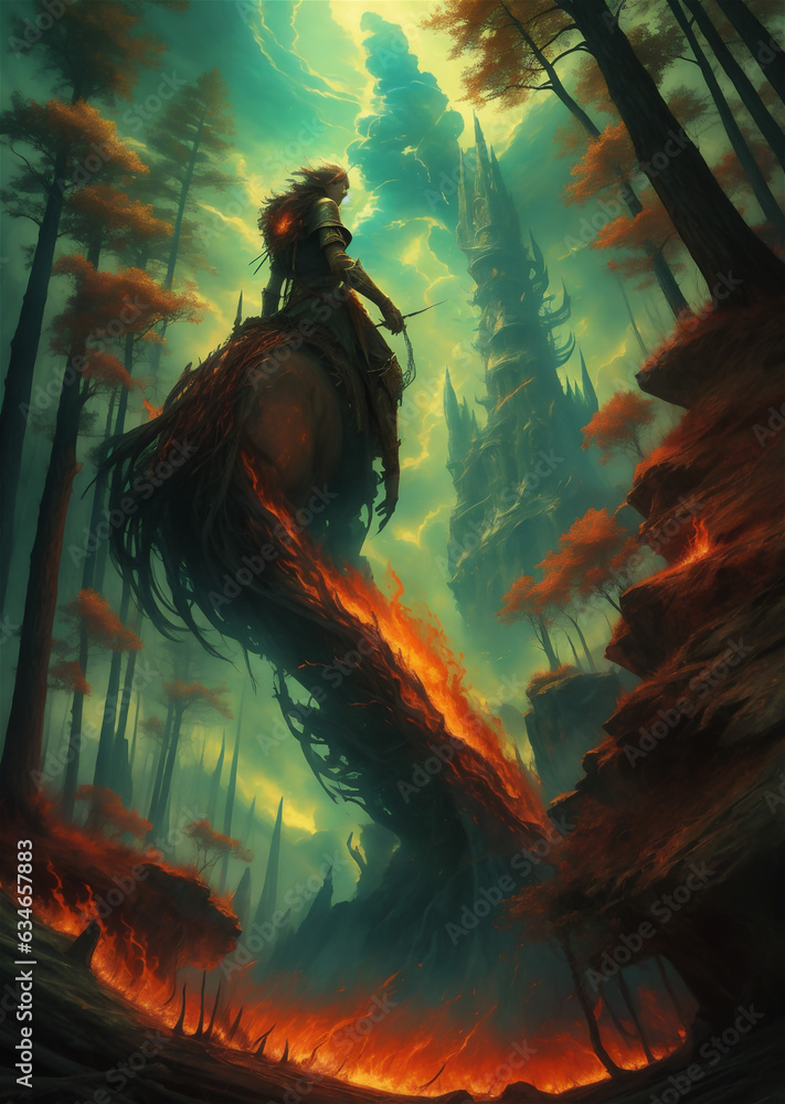 Fototapeta premium Dark forest cartoon illustration, vector, fires the dark forest. Fantasy forest illustration. Scary forest