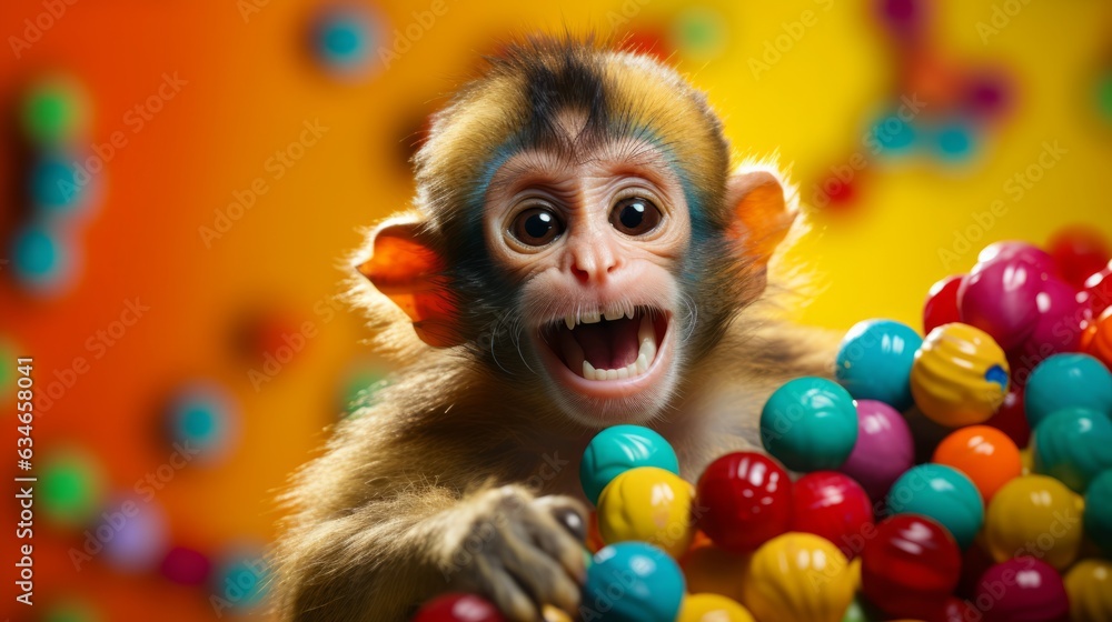 Photo of a mischievous monkey with a colourful assortment of balls in its hands created with Generative AI technology Photo of a mischievous monkey with a colourful assortment of balls in its hands created with Generative AI technology