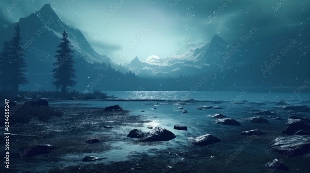 Cinematic epic landscape. Mountain lake at night.