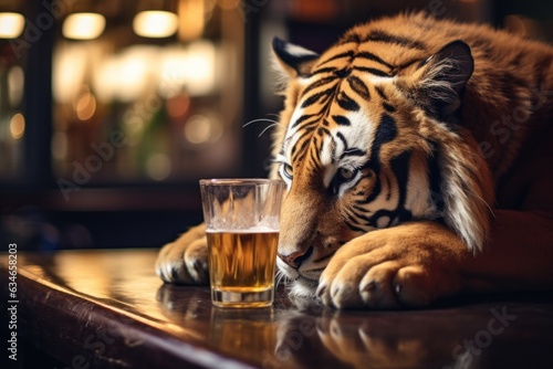 Drinking tiger with a glass of beer.