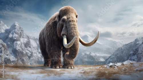 A furry old mammoth in snow with mountain landscape in the background. elephant mammoth. Generative ai