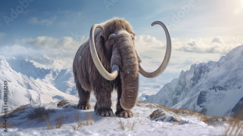 A furry old mammoth in snow with mountain landscape in the background. elephant mammoth. Generative ai © tong2530