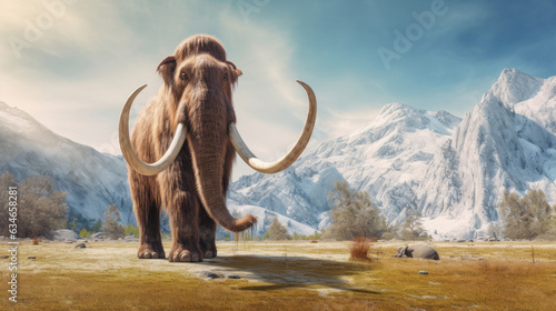 A mammoth in the snowy landscape. elephant mammoth. Generative Ai