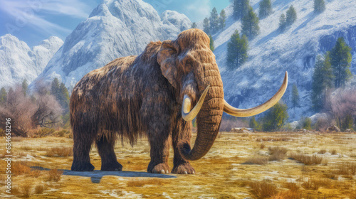 A mammoth in the snowy landscape. elephant mammoth. Generative Ai