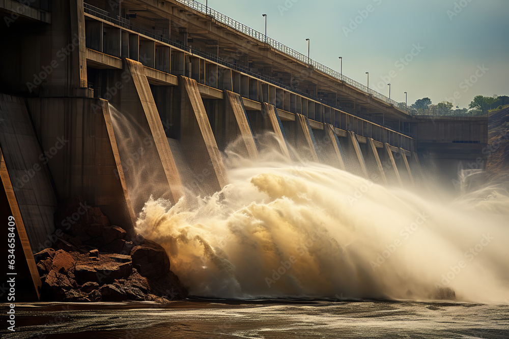 A robust dam harnesses and restrains roaring waters, emphasizing the principles of controlled power and mastery over nature's might