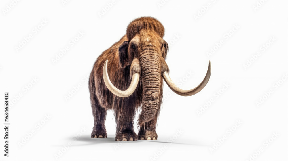 Obraz premium A woolly mammoth, prehistoric mammal isolated with shadow on white background. elephant mammoth. Generative Ai