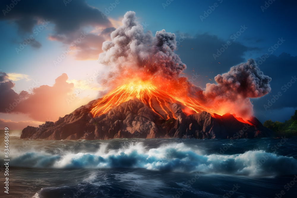 Image concept of a volcanic eruption in the middle of the sea