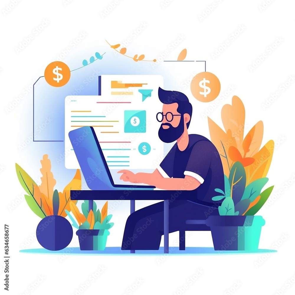 Flat illustration of a man working on a laptop with financial and technological elements. Flat illustration of a man working on a laptop with financial and technological elements.