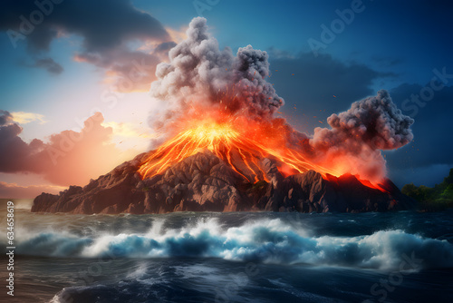 Image concept of a volcanic eruption in the middle of the sea