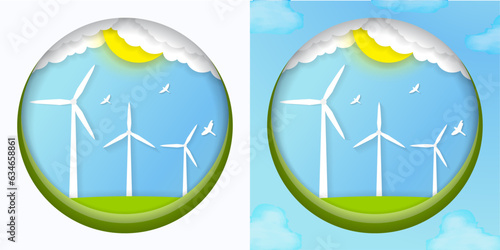 Windmill and Blue Skies with birds in Paper Art Craft Style on white background and blue sky with watercolor clouds background. Wind Energy turbines on green hill. Scalable Vector Illustration.
