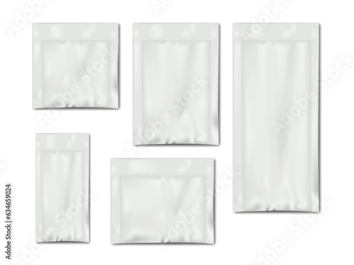 Blank white sachet packet. Vector mockup set. Plastic, paper or foil pouch bag template. Food, medical or cosmetic product individual package kit mock-up