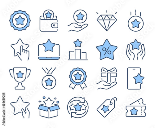 Exclusive benefit, prize, incentive, reward blue editable stroke outline icons set isolated on white background flat vector illustration. Pixel perfect. 64 x 64.