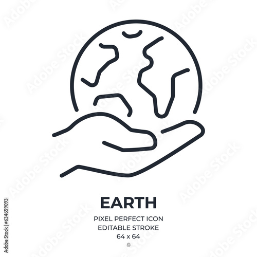 Hand holding planet Earth editable stroke outline icon isolated on white background flat vector illustration. Pixel perfect. 64 x 64.