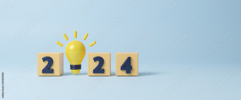 Light bulb and 2024 new year on blue background. Creative idea concept ...