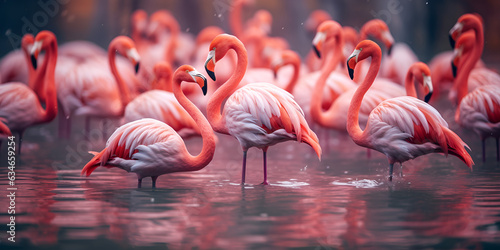 Beautiful pink flamingo flock of pink flamingos in a pond flamingos or flamingoes are a type of wadi © Fatima