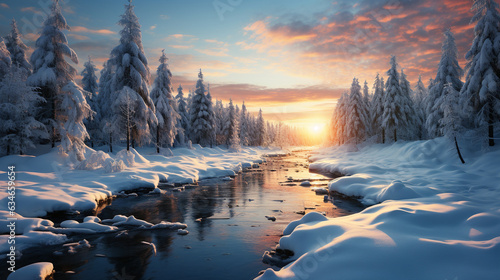 Sunrise over the river. Christmas winter landscape. generative Ai