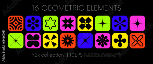 Colorful vector set of brutalist abstract shapes with minimalist geometric forms, Collection of various labels, logos, icons, stickers inspired brutalism bold aesthetics