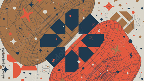 Abstract geometric background with 3d volume geometry wireframe shapes modern design, cyberpunk vector color Full HD composition in Y2k style futuristic aesthetic artwork