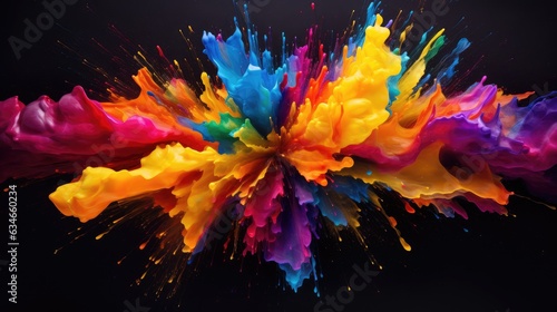 A burst of bright multi-colored paints on a dark background photo