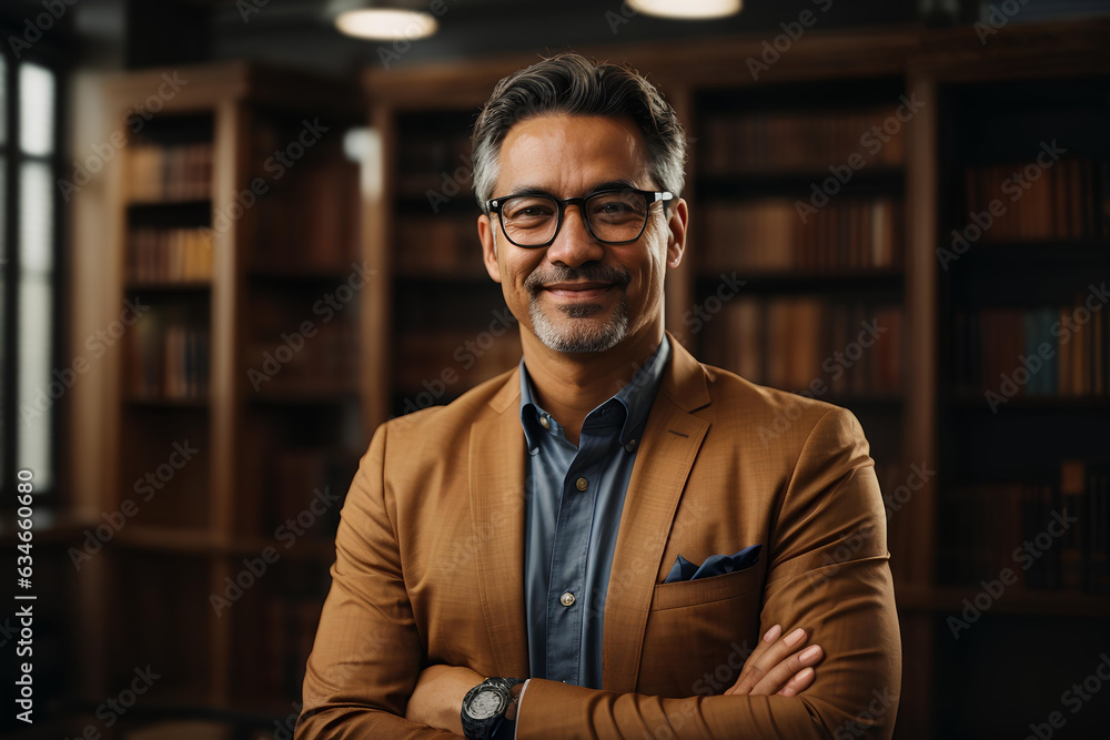 A smiling man with glasses is standing in the library with his arms crossed over his chest. A smiling man with glasses is standing in the library with his arms crossed over his chest.