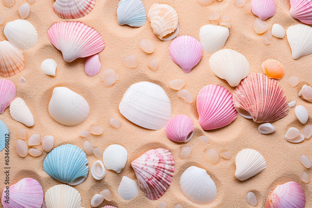 Pastel-colored seashells scattered on a sandy beach, creating a calming and coastal love background Generative AI