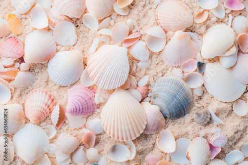 Pastel-colored seashells scattered on a sandy beach  creating a calming and coastal love background Generative AI