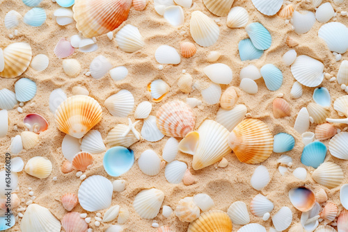 Pastel-colored seashells scattered on a sandy beach  creating a calming and coastal love background Generative AI