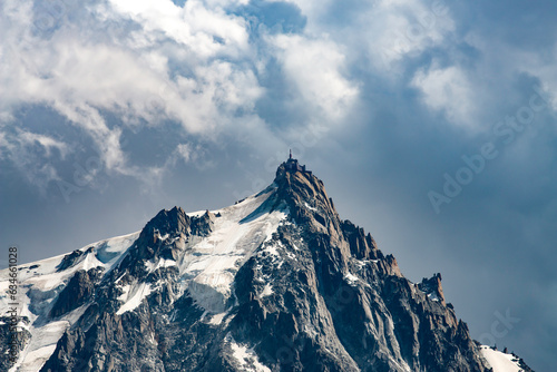The Aiguille du Midi in the Mont Blanc Massif. The summit is 3,842 m high with the cable car, Telepherique de l'Aiguille du Midi stands at 3,777m
