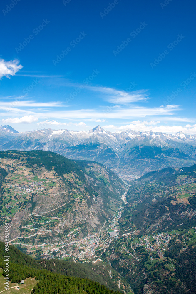 Ariel view above the Swiss Alps looking towards Italy