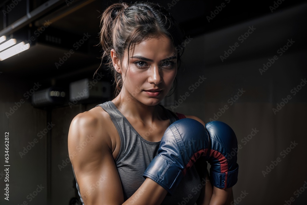 Purposeful and strong women boxer performs in the ring