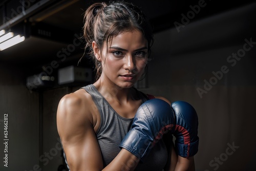 Purposeful and strong women boxer performs in the ring © Dom production