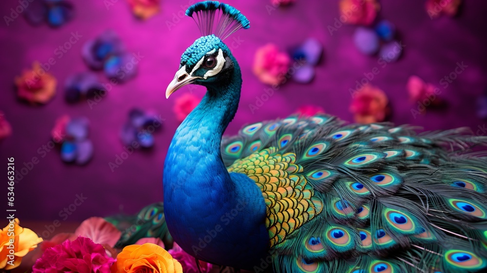 Obraz premium Photo of a majestic blue peacock displaying its magnificent feathers created with Generative AI technology