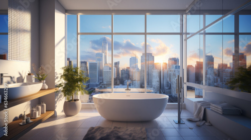 a bathroom with a white bathtub in front of a large window in the background a modern city can be seen.