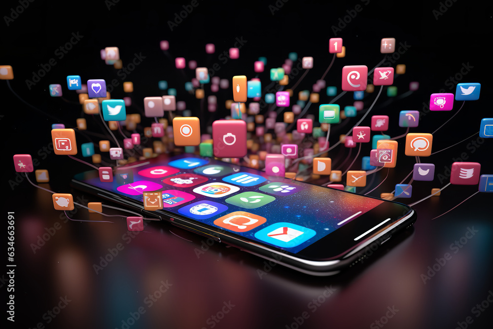 A mobile device comes alive with vibrant social media icons floating above, symbolizing the world of digital connectivity A mobile device comes alive with vibrant social media icons floating above, symbolizing the world of digital connectivity