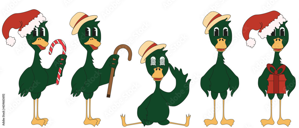 Set of Funky green Duck stickers with cane and in the hat in Trendy Y2K retro style isolated on white background. Christmas icon, sticker. Vector illustration in modern Groovy style. Set of Funky green Duck stickers with cane and in the hat in Trendy Y2K retro style isolated on white background. Christmas icon, sticker. Vector illustration in modern Groovy style.