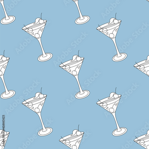 Party seamless pattern with cocktail glasses isolated on light blue background. Simple flat vector design.
