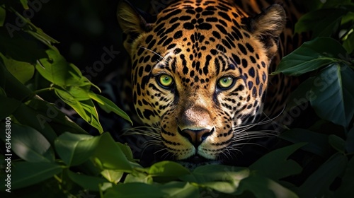  a close up of a leopard s face with green eyes.  generative ai
