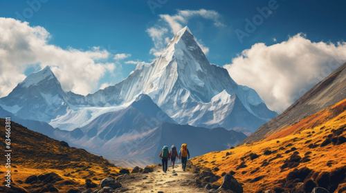 a group of hikers go through a wild landscape with high snow-capped mountains. back view. photo