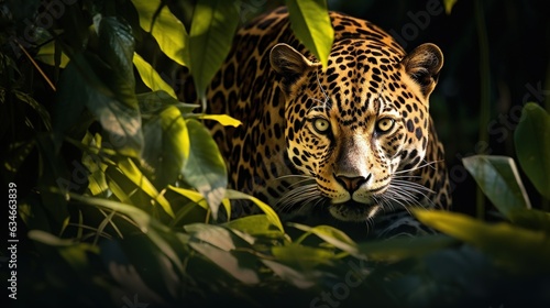  a large leopard walking through a lush green forest filled with leaves.  generative ai