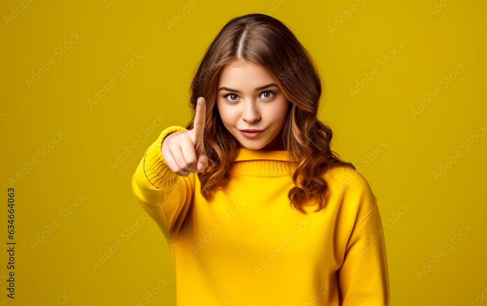 The smiling young woman points up in front of her - isolated on yellow background The smiling young woman points up in front of her - isolated on yellow background