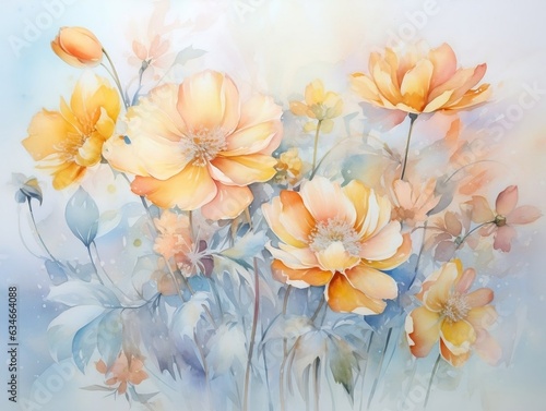 Bright soft pastel colorful watercolor flowers made in hand drawn style. Generative AI