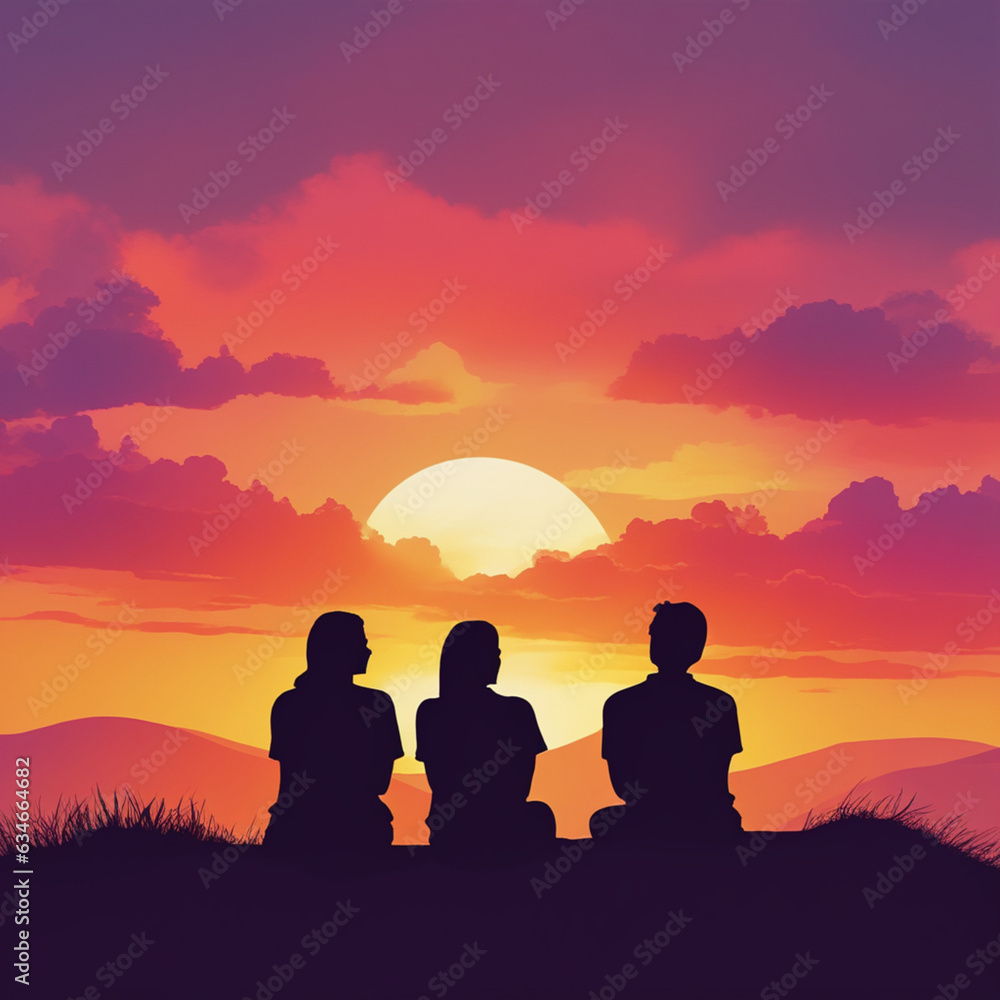 silhouette of a family at sunset, Generative AI
