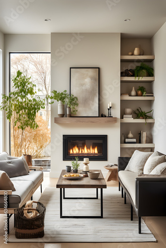 Beautiful living room interior with hardwood floors and fireplace in new luxury home
