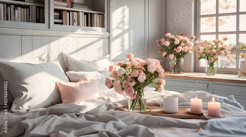 Romantic breakfast with pink flowers in white bedroom