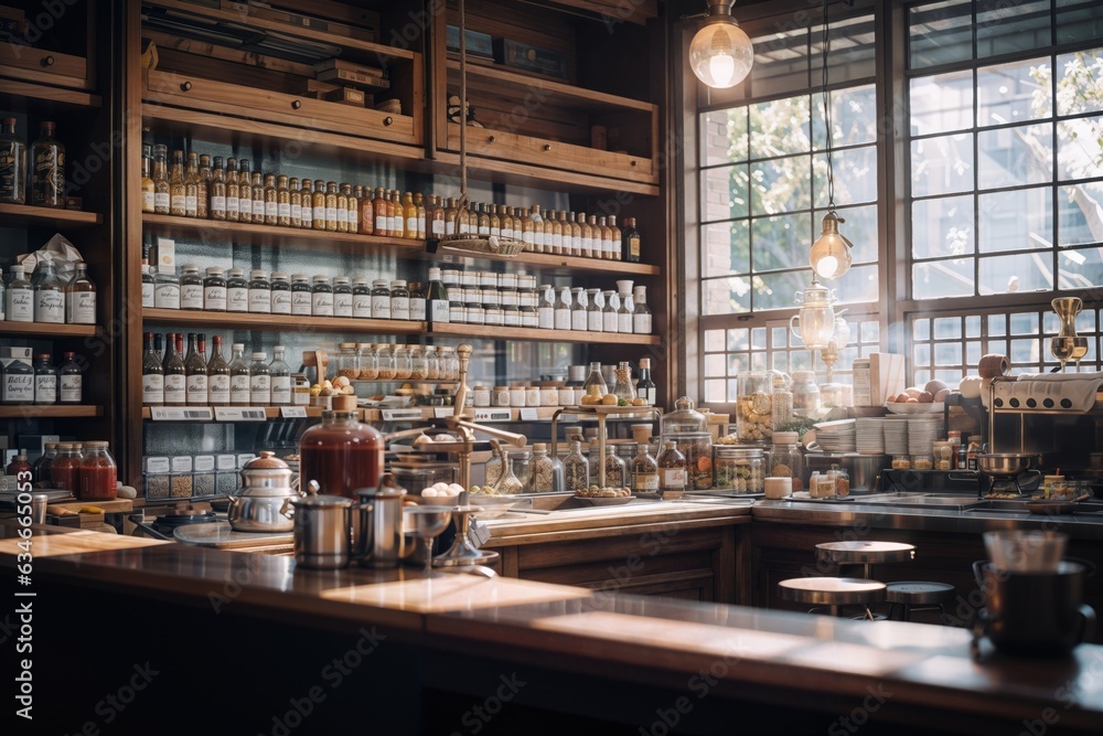 Vintage pharmacy with shelves and counters on which there are medicines