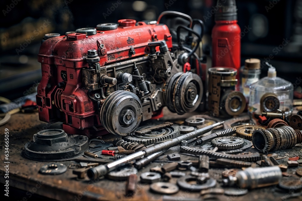 An old, worn, oily engine in a workshop surrounded by parts and spare parts