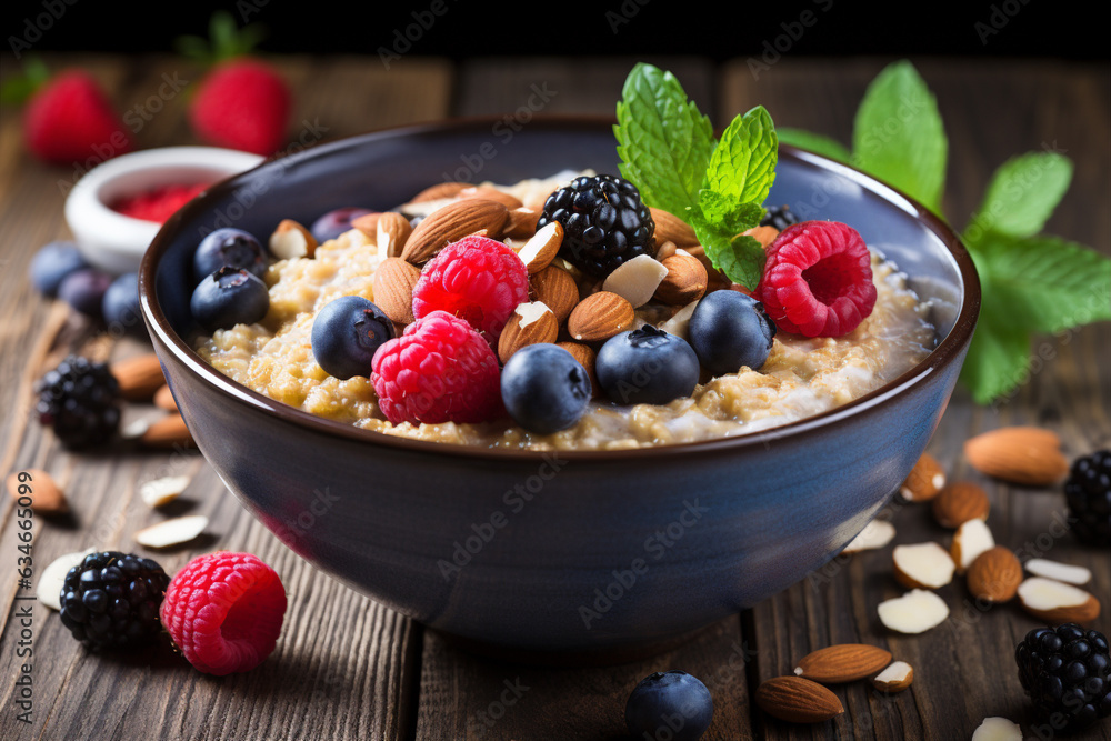 a bowl of oatmeal with Berries And Nuts. Generative AI a bowl of oatmeal with Berries And Nuts. Generative AI
