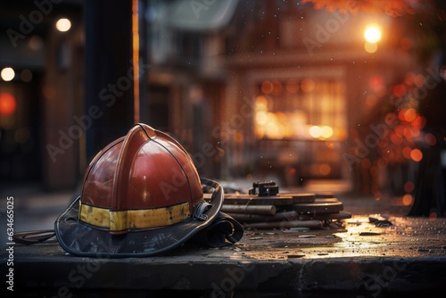 An old and shabby rescue helmet lies against the backdrop of a burning building