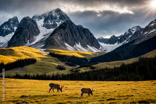 Grazing deer with mountains in the background