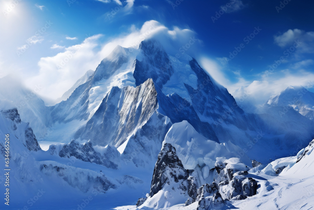 A huge mountain covered with snow and ice against a blue sky. Generative AI